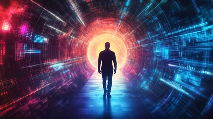 Leinwandbilder - A silhouette walks toward a vibrant portal of light, surrounded by digital patterns, suggesting themes of exploration, technology, and the unknown.