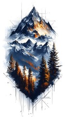  A stunning abstract illustration of a mountain range with a geometric frame,  featuring snow-capped peaks, a forest, and a touch of sunset.