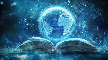 Poster - A digital globe rising from an open book, symbolizing global learning and literacy, with a futuristic blue background for World Book Day