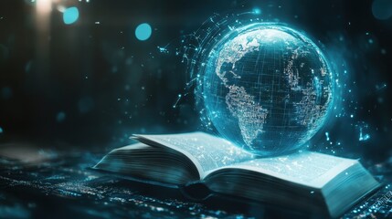 Poster - A digital globe rising from an open book, symbolizing global learning and literacy, with a futuristic blue background for World Book Day