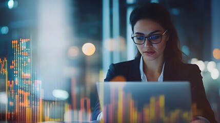 Wall Mural - a confident businesswoman analyzing market trends on a laptop in a modern office setting, with a blu