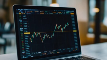 Poster - A laptop displaying an analytics app with business metrics, financial charts, and market analysis tools, used for online trading and investment