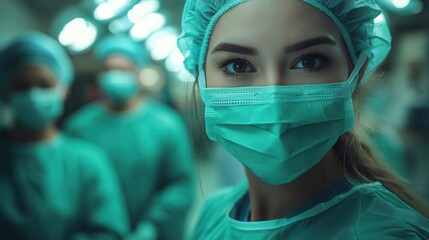 Wall Mural - surgeons clad in green scrubs and masks operate under bright lights in a sterile modern operating room showcasing precision and teamwork amidst a highstakes environment