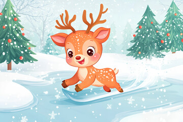 Canvas Print - Cute baby animal sliding on frozen river illustration. have fun in winter. Little reindeer having fun on the ice rink. Winter holiday background with festive Christmas tree