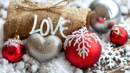 Poster - A small burlap bag with red and silver ornaments 