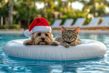 happy dog floating on inflatable ring in swimming pool on palm trees background, active christmas summer lifestyle on resort