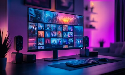 Interface of Streaming Service Website. Online Subscription Offers TV Shows, Realities, Fiction Films. Screen Replacement for Desktop PC and Laptops With Featured Sitcom Comedy Television
