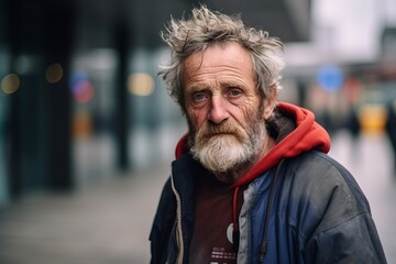 Portrait of an old man with a long gray beard and mustache in an urban context