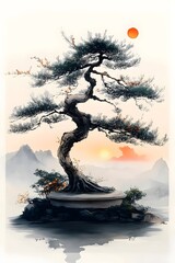 A serene bonsai tree with a twisty trunk stands against a hazy mountain backdrop, the setting sun casting a warm glow.