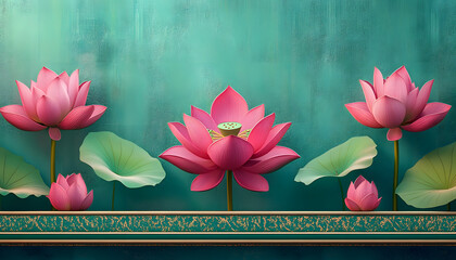 Poster - A digital illustration of three-dimensional pink lotus flowers on Egyptian borders with a vibrant green and teal background