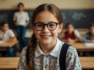 Wall Mural - Smiling girl with glasses in a classroom.