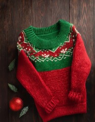 Knitted sweater with Christmas patterns on dark wooden table. Winter woolen clothes concept. Top view. Copy space