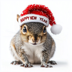 A cute squirrel wearing a red Santa hat with the inscription 