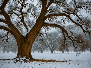 Wall Mural - Snow falls on a large oak tree in a snowy landscape.