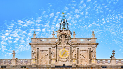 Poster - Clock and architecture decorations in an architectural capital of the medieval Royal Palace, Madrid, Spain.