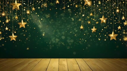 Elegant green background with gold star elements, free copyspace area. generative ai