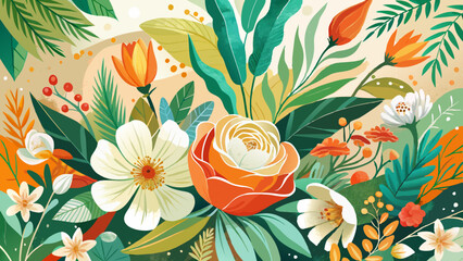 Orange white and green elegant watercolor background with flora and flower