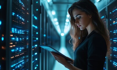 Female IT Specialist Uses Tablet in Data Center. Server Farm Cloud Computing Facility with Maintenance Administrator Working. Cyber Security Engineer Working in Personal Network