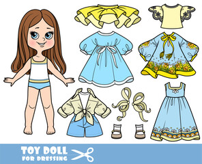 Wall Mural - Cartoon girl with straight hair and long sleeve tunic, denim shorts, tutu, sandals, light dresses for the summer wardrobe