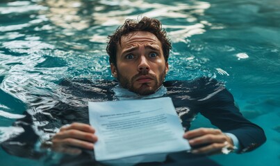 Man in suit floating in pool with document, worried expression, Generative AI