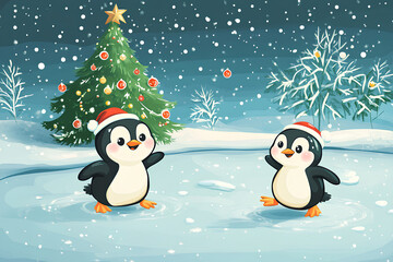 Wall Mural - Cute baby animals sliding on frozen river illustration. have fun in winter. Little penguins having fun on the ice rink. Winter holiday background with festive Christmas tree