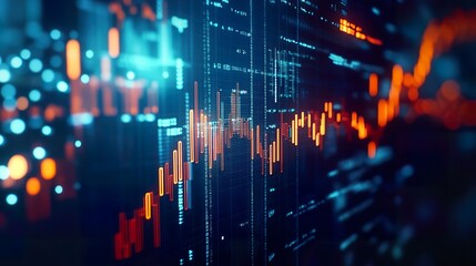 A dynamic stock market graph illuminated on a deep blue monitor, with subtle reflections highlighting the data analysis