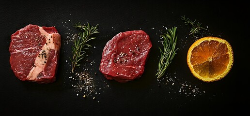 Two raw beef steaks, rosemary sprigs, orange slice, and salt and pepper on a black background.