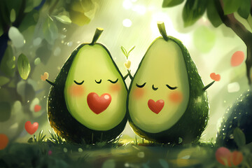 Sticker - Cute cartoon avocado love couple characters, illustration