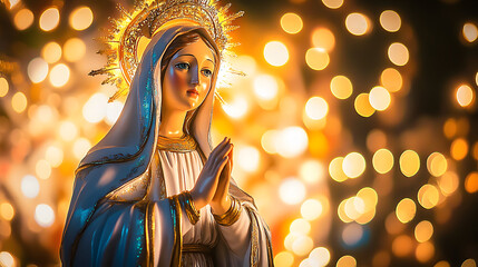 Our Lady of Aparecida (Nossa Senhora Aparecida) statue, iconic in Brazilian Catholicism. Glowing bokeh background enhances her divine presence, perfect for religious visuals with copy space