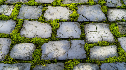 Sticker - Close up of pavement with green moss between bricks. Geometric patterns in natural and urban settings. Seamless cobblestones and moss textures. Moss removal from the pavement Paving stones wit