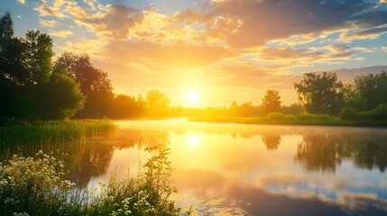 Wall Mural - serene sunrise over tranquil landscape reflection