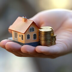 Hand Holding House Model and Stacks of Coins