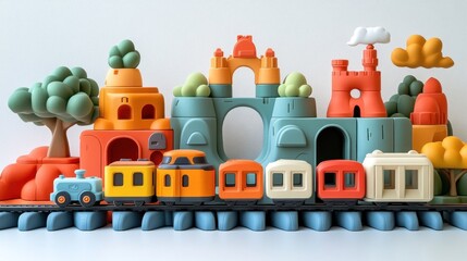 Colorful toy train set with playful landscape elements.