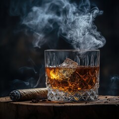 Whiskey with smoking cigar with background