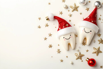 Christmas concept, cute smiling tooth characters in christmas hats with christmas balls decoration and stars on a SOFT background. Top view of two teeth wearing christmas costumes for a dental clinic