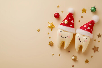 Christmas concept, cute smiling tooth characters in christmas hats with christmas balls decoration and stars on a SOFT background. Top view of two teeth wearing christmas costumes for a dental clinic