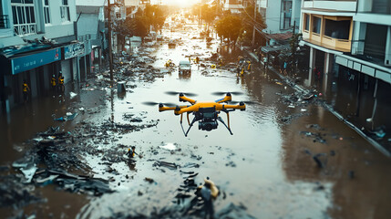 Hurricane flood and people in city with search drone rescue or evacuation safety for disaster management. Road water and emergency team with tornado damage evaluation solution or relief in street