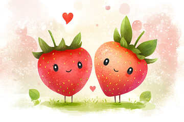 Sticker - Cute cartoon strawberry love couple characters, illustration