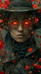 Canvas Print - Mysterious Woman with Glowing Eyes in a Veil of Flowers