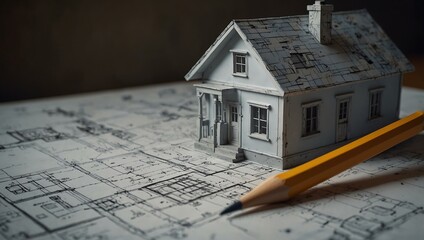 Wall Mural - Realistic house model on blueprints with a pencil.