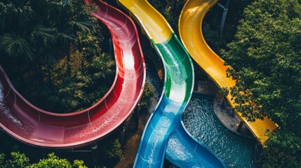Poster - Create 20 prompts for stock photos related to A set of colorful water slides in an outdoor aquapark with clear windows with 100-200 characters and ending with