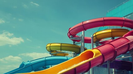 Poster - Create 20 prompts for stock photos related to A set of colorful water slides in an outdoor aquapark with clear windows with 100-200 characters and ending with