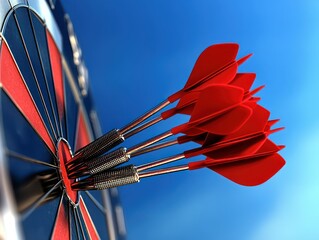 Red darts poised in the center of a target, contrasted against a deep blue sky, capturing the essence of success, determination, and clear objectives in business