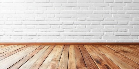 Poster - Rustic Wooden Floor Against White Brick Wall Background