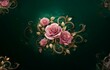 © YiuCheung - Vintage pink roses with golden leaves on a dark green background