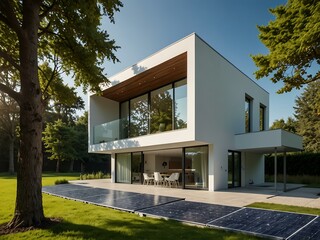 Wall Mural - Modern white house with solar panels in a green setting.