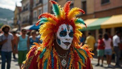 Wall Mural - Montserratian man in a colorful costume celebrating Carnival at a street parade.