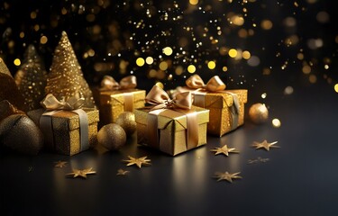 Gold gift boxes with bows and ornaments on a dark background with sparkling lights.