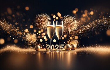 Aufkleber - Two champagne flutes with golden fireworks and sparkling glitter on a black background.
