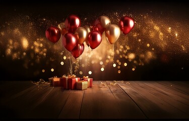 Poster - Red and gold balloons float above wrapped gifts on a wooden table with a sparkling background.